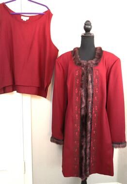 Vintage Red Penny Lane Jacket SET Tank Mid Length Embroidered Fur Trim 26 4X